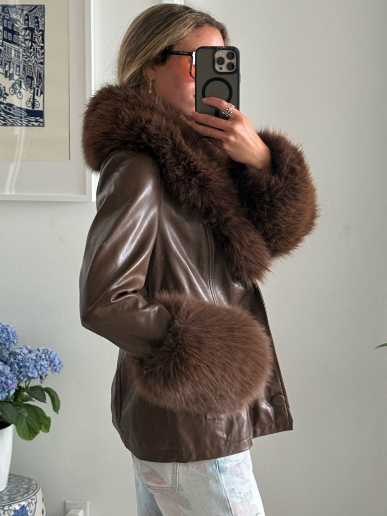 Vintage Penny Lane Style Brown Leather Jacket With Fur Trim